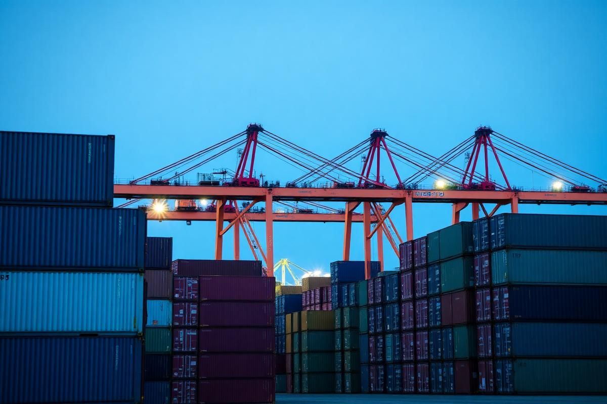 Stacked shipping containers at a port terminal at blue hour