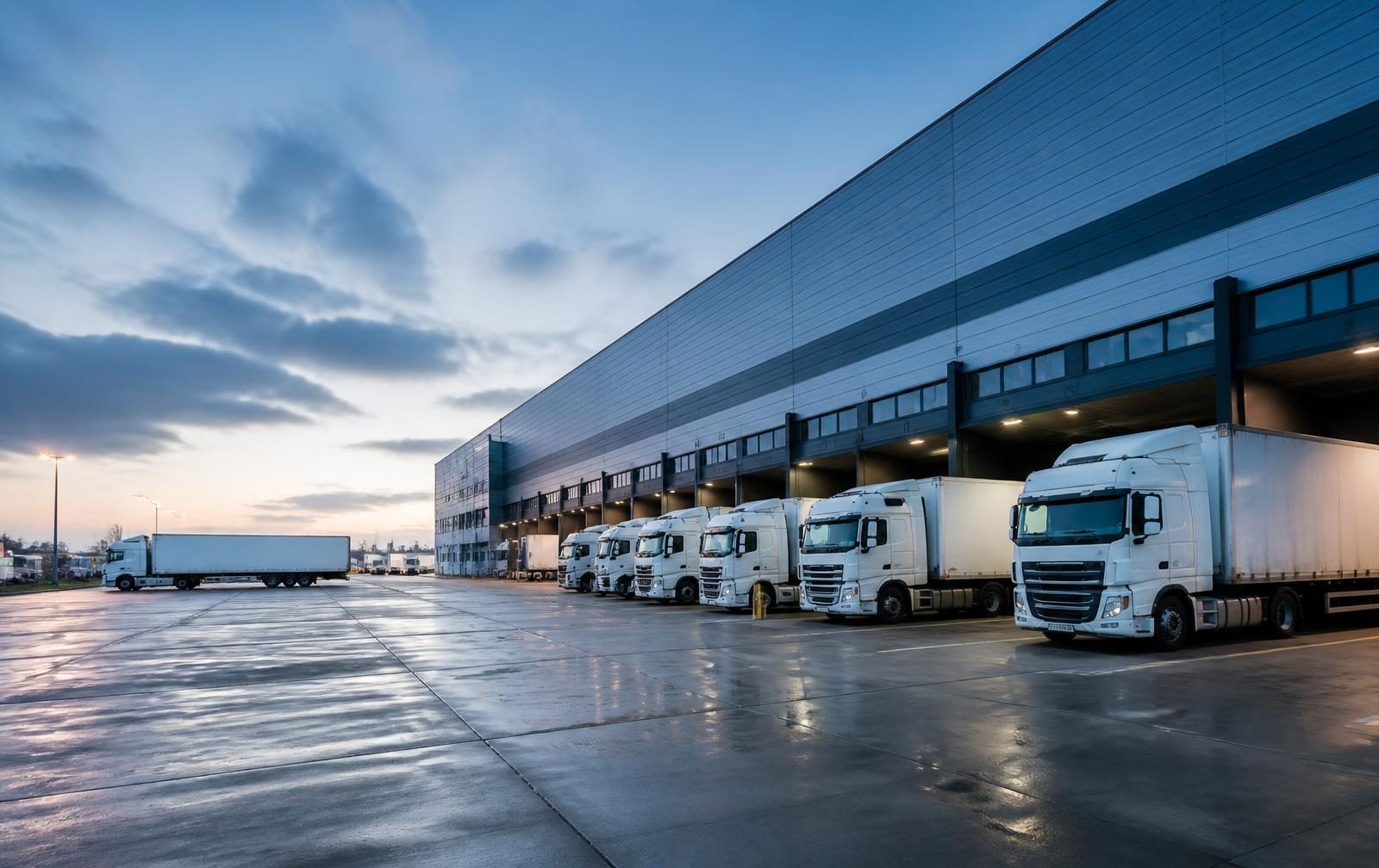 Trucks loading at a National Group LLC partner distribution center at dawn