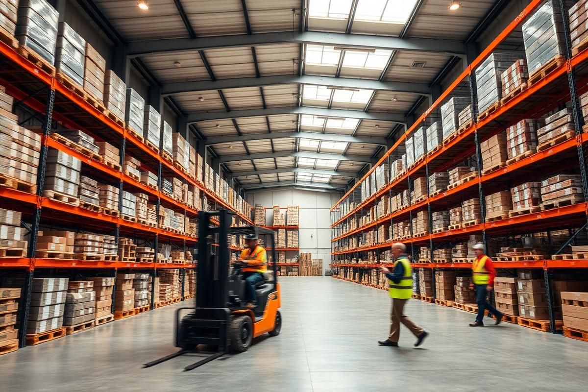 Warehouse aisle with racked pallets and a forklift operator